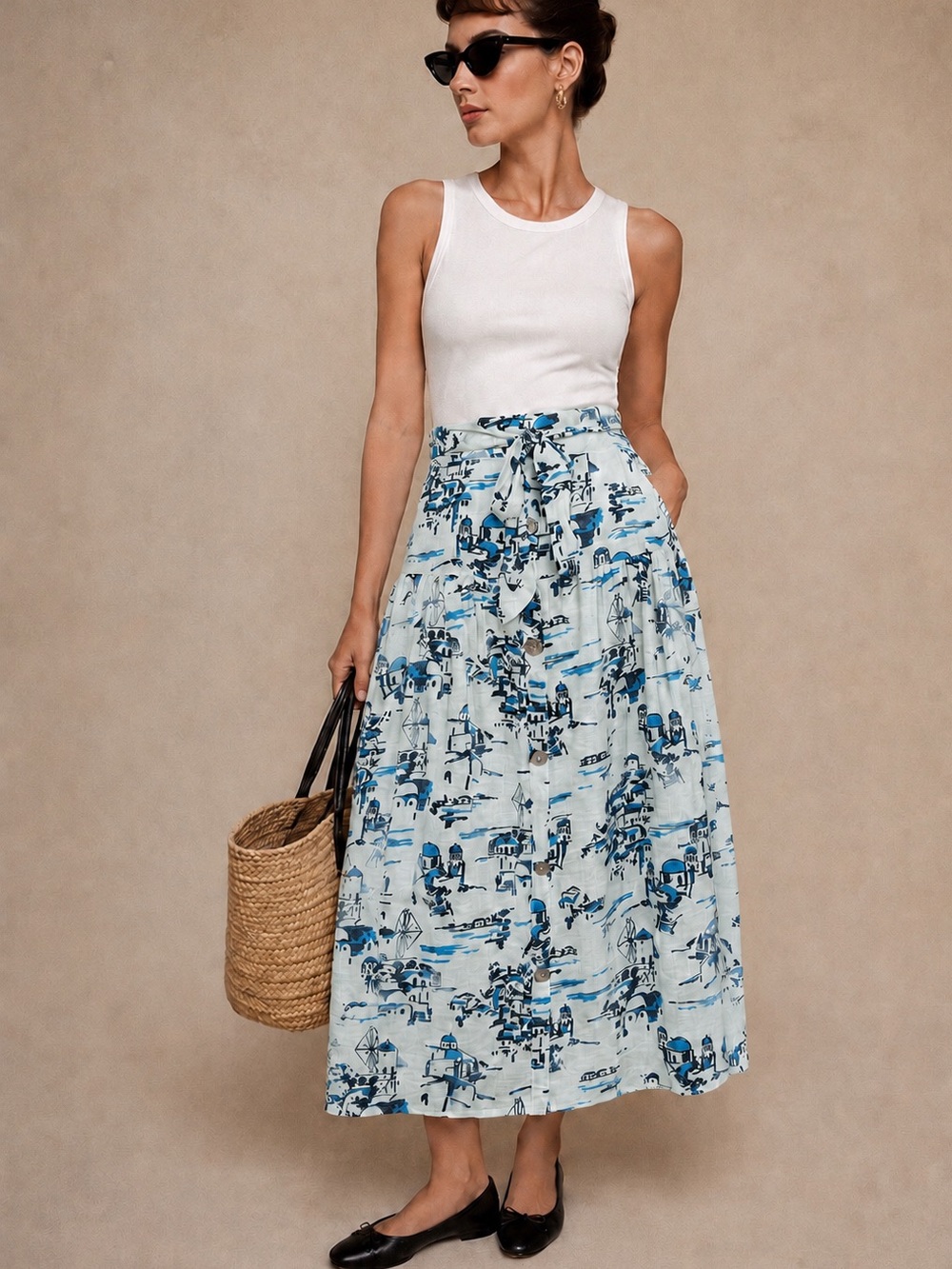 Nanette Lepore Aqua and Navy Printed Tie-Waist Maxi Skirt EUC